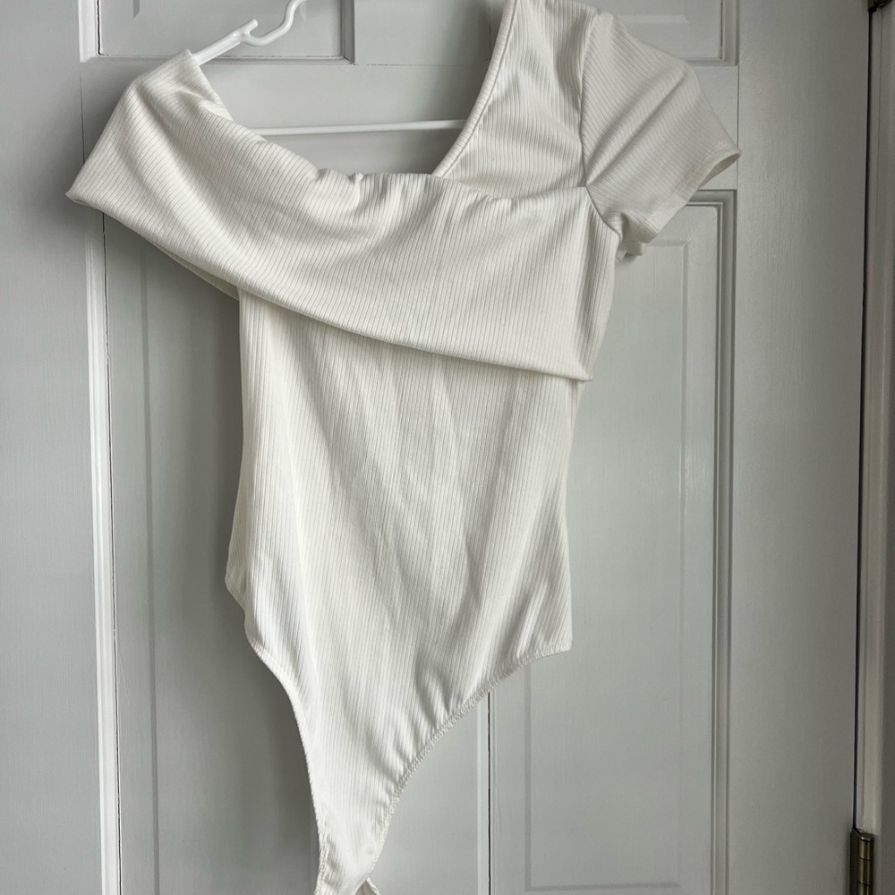 Lulu's Cream Ribbed Off-Shoulder Bodysuit